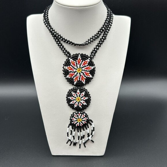 Seed Bead Necklace Native American Handmade Leather Back Medallion Black White - Picture 1 of 5